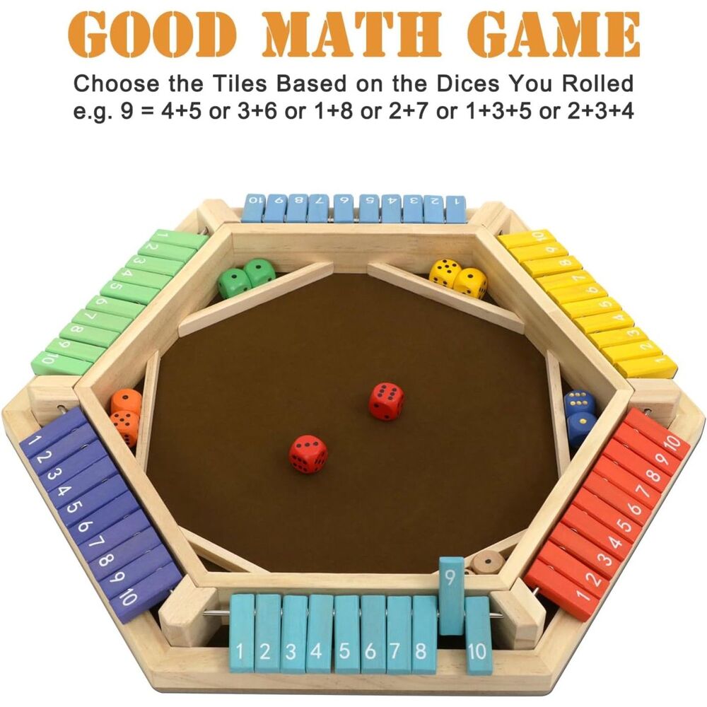Shut The Box Game, 1-6 Players Wooden Board Dice Game w/ 14 Dice for Kids Adults